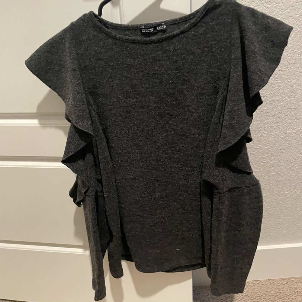 Zara Cold Shoulder Dark Gray Ruffle Sleeve Top - S